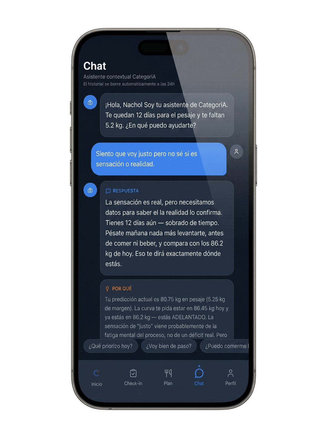 Chat contextual de CategorIA respondiendo con datos reales del corte del atleta.