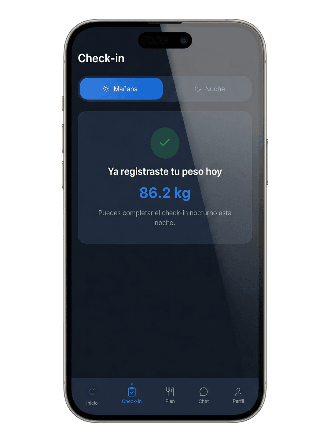 Check-in diario de CategorIA con peso, energía, hambre, sueño y síntomas.