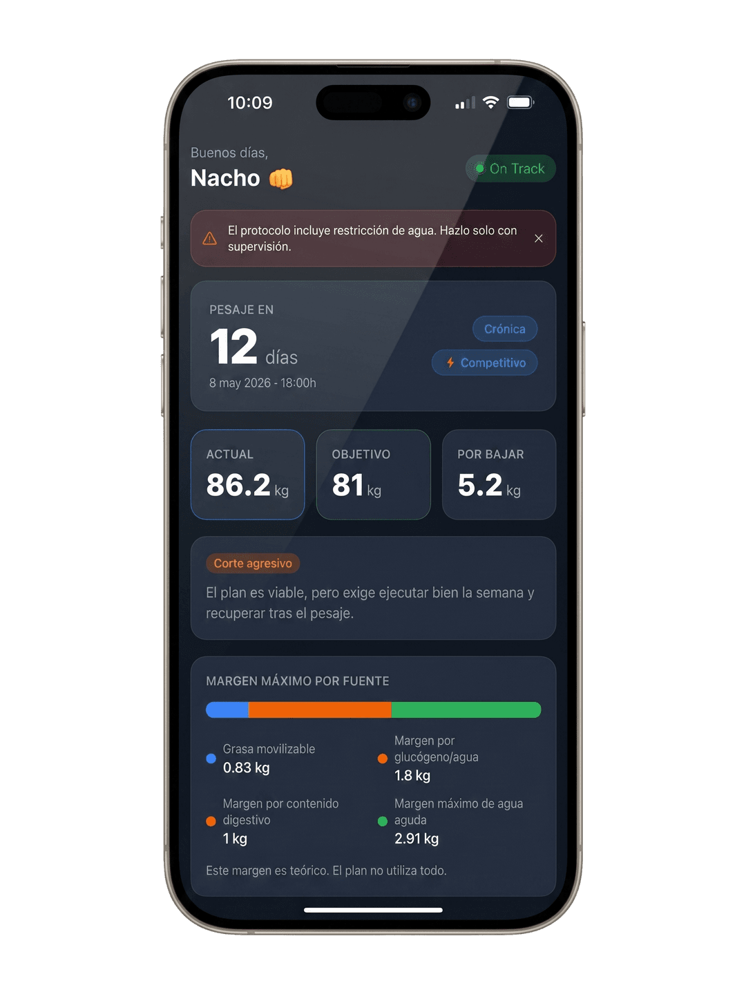 Dashboard de CategorIA con estado del corte, peso actual, objetivo y curva de progreso.