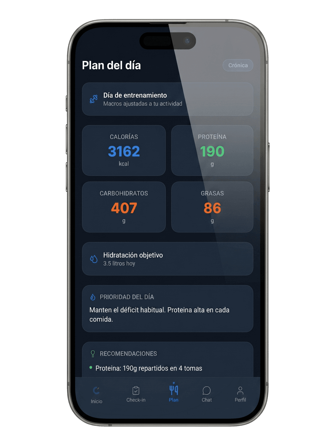 Plan diario de CategorIA con calorías, macros, agua y prioridad del día.